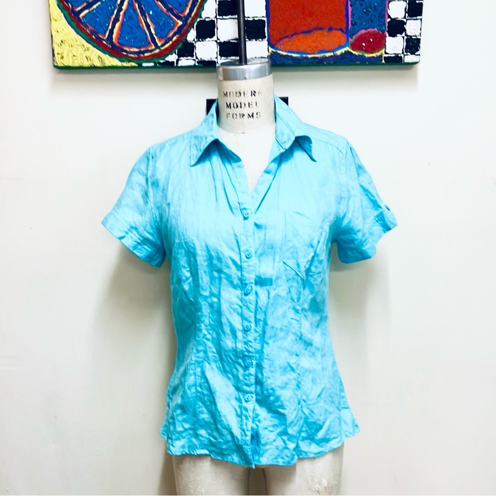 T01 Kim Rogers Petite Aqua Linen Small Button Down Blouse